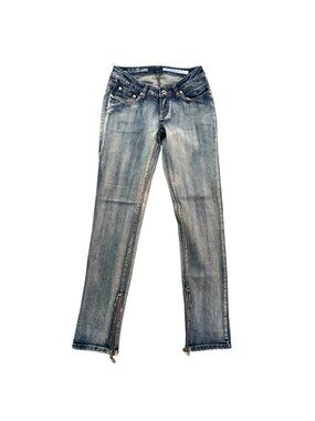 Azzure Womens Distressed Denim Jeans 28W X 32L Zipper Ankles Rhinestone Pocket